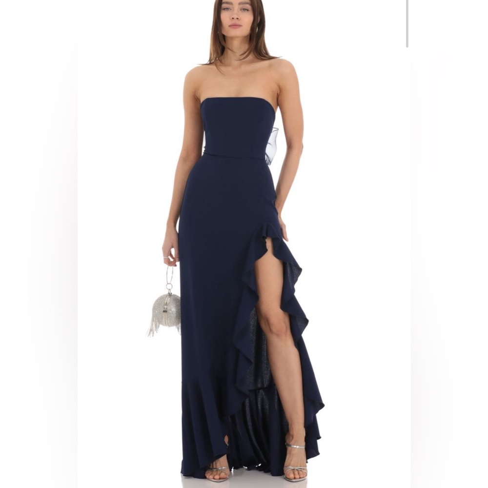 Lucy in the Sky Strapless Back Bow Corset Maxi Dress in Navy